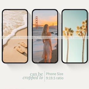May include: Three phone screen mockups with different summery backgrounds. The first shows a beach with flip flops in the sand. The second shows a woman walking on a beach with the Golden Gate Bridge in the background. The third shows two palm trees against a blue sky.