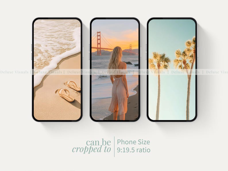May include: Three phone screen mockups with different summery backgrounds. The first shows a beach with flip flops in the sand. The second shows a woman walking on a beach with the Golden Gate Bridge in the background. The third shows two palm trees against a blue sky.
