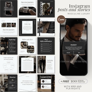 May include: A set of 16 Instagram post and story templates in a masculine luxury style. The templates feature a black and white colour scheme with a modern design. The templates include text boxes for captions and images. The templates are ideal for businesses and individuals who want to create professional and engaging content for their social media.