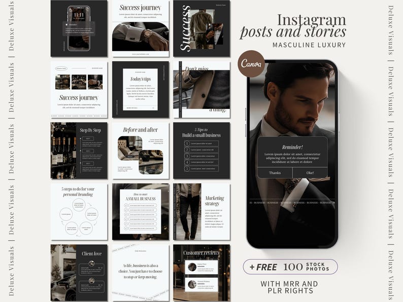 May include: A set of 16 Instagram post and story templates in a masculine luxury style. The templates feature a black and white colour scheme with a modern design. The templates include text boxes for captions and images. The templates are ideal for businesses and individuals who want to create professional and engaging content for their social media.