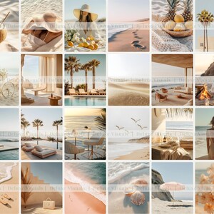 May include: A collage of 16 images featuring a beach theme. The images include palm trees, sand, ocean, footprints, seashells, and a coconut. The images are in a grid format and are all in a warm color palette.