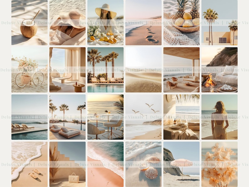 May include: A collage of 16 images featuring a beach theme. The images include palm trees, sand, ocean, footprints, seashells, and a coconut. The images are in a grid format and are all in a warm color palette.