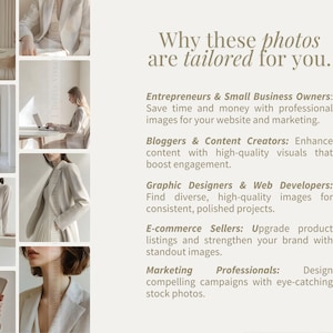 May include: A collage of images showcasing different ways to use stock photos for various purposes, including entrepreneurs, bloggers, graphic designers, e-commerce sellers, and marketing professionals. The text "Why these photos are tailored for you." is displayed at the top of the image.