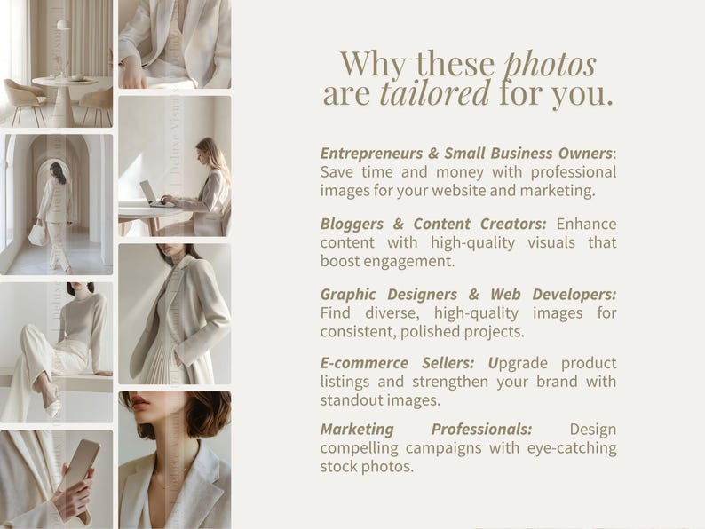 May include: A collage of images showcasing different ways to use stock photos for various purposes, including entrepreneurs, bloggers, graphic designers, e-commerce sellers, and marketing professionals. The text "Why these photos are tailored for you." is displayed at the top of the image.