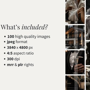 May include: A collage of images showcasing a collection of 100 high-quality images in JPEG format. The images are 3840 x 4800 pixels, have a 4:5 aspect ratio, and are 300 dpi. The text "What's included?" is at the top of the image.
