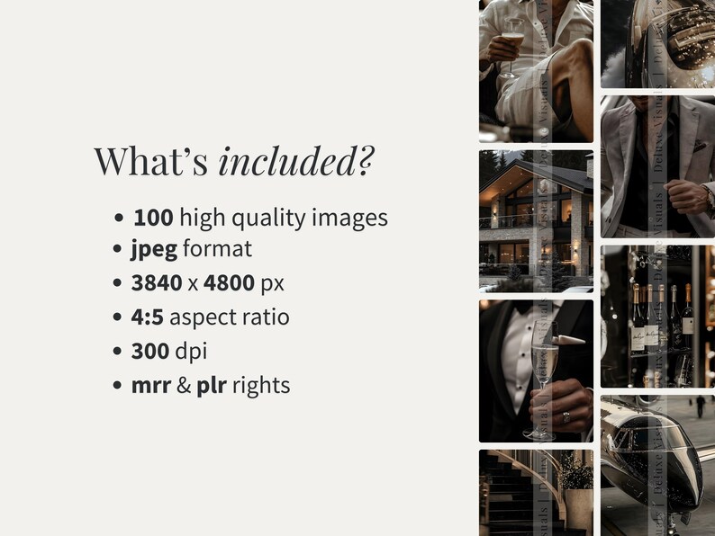 May include: A collage of images showcasing a collection of 100 high-quality images in JPEG format. The images are 3840 x 4800 pixels, have a 4:5 aspect ratio, and are 300 dpi. The text "What's included?" is at the top of the image.