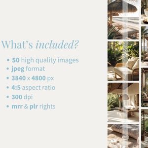 May include: A selection of lifestyle images showcasing tropical resort settings. The images include beach scenes, outdoor seating, and interior design elements. Text on the left side reads "What's included?" followed by details about the images, including the number of images, format, and resolution.
