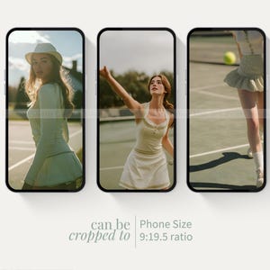 May include: Three smartphone screens displaying images of a woman on a tennis court. The woman is wearing a light green tennis outfit and a white hat. The text "can be cropped to" and "Phone Size 9:19.5 ratio" is visible.