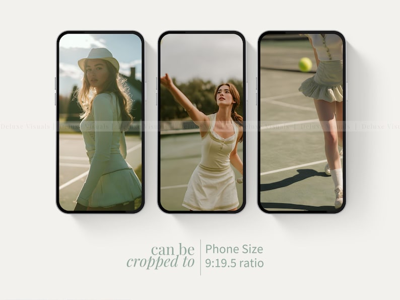 May include: Three smartphone screens displaying images of a woman on a tennis court. The woman is wearing a light green tennis outfit and a white hat. The text "can be cropped to" and "Phone Size 9:19.5 ratio" is visible.
