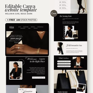 Könnte beinhalten: Ein Website-Template-Design in Schwarz und Weiß. Das Template enthält den Text "Editable Canva website template MELANIN GIRL BOSS DARK" und "+ FREE 100 STOCK PHOTOS". Das Design zeigt Bilder einer Frau und Textblöcke.
