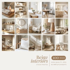 Puede incluir: Un collage de 12 imágenes que muestran inspiración para el diseño de interiores en beige. Las imágenes presentan varias habitaciones, incluyendo un baño, un dormitorio, una sala de estar y una cocina. Cada imagen presenta una paleta de colores neutros con luz natural y acentos de madera.
