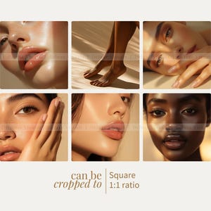 Pode incluir: Colagem de seis imagens quadradas com fotos de close-up de diferentes rostos. As imagens s&atilde;o cortadas para mostrar apenas o rosto e o pesco&ccedil;o. As pessoas t&ecirc;m diferentes tons de pele e todas olham diretamente para a c&acirc;mera. O texto "can be cropped to Square 1:1 ratio" est&aacute; na parte inferior da colagem.