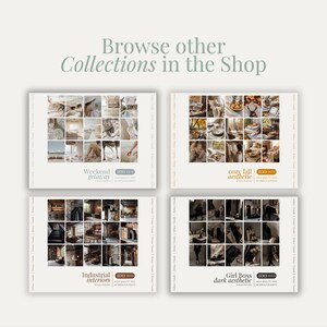 May include: An image featuring four product collection covers with a neutral color palette. The covers include the text "Weekend getaway", "cozy fall aesthetic", "Industrial interiors", and "Girl Boss dark aesthetic". The text "Browse other Collections in the Shop" is at the top.