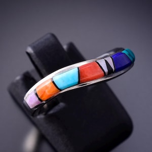 Size 7-1/2 Silver Multistone Navajo Inlay Wave Ring by TSF 3L07W