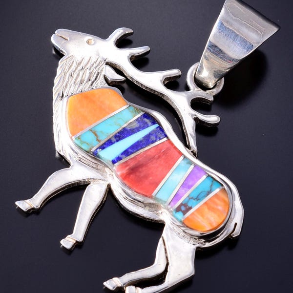 Silver Multistone Navajo Inlay Strong Elk Pendant by Pamela Daniels 5L21B