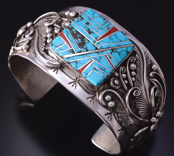 NAVAJO バングル ホワイトターコイズ AL YAZZIE STERLING Silver & Turquoise W/ Coral Accents Navajo Inlay Bracelet by Mark
