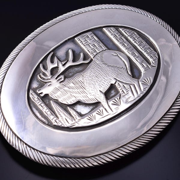 Vintage Silver Navajo Handmade Roaming Elk Belt Buckle by Tom Bahe 5L13M