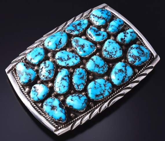 Vintage Silver & Turquoise Navajo Cluster Buckle by Archie