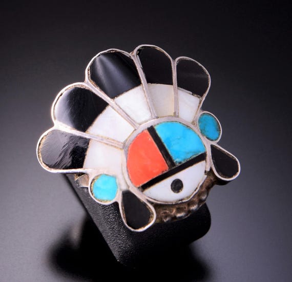 Very Intricate Vintage Native American Zuni Turquoise Coral Sterling Silver Sun Ring Very Intricate Vintage Native American Zuni Turquoise Coral Sterling Silver Sun Ring