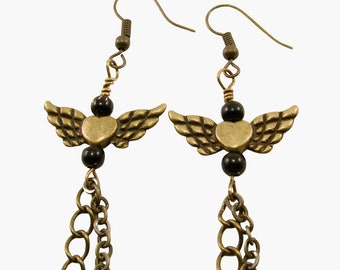 Antiqued Brass Angel Wing, Black Bead and Chain Earrings