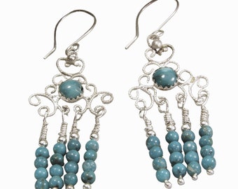 Sterling Silver Filigree and Turquoise Chandelier Earrings