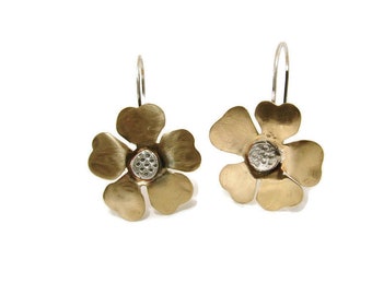 Red Brass and Sterling Silver Flower Earrings, Available in Copper also