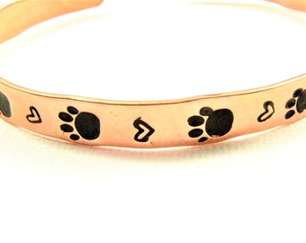 Pure Copper Cuff with Hand Stamped Dog Paws and Tiny Hearts