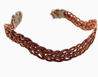 Handwoven pure copper and sterling silver wire wrapped cuff bracelet, pure copper cuff, mixed metals woven cuff