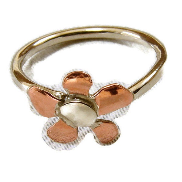 Tiny Dainty Mixed Metal Flower Ring Sterling Silver and Copper, Copper flower ring, copper and sterling silver ring, flower ring