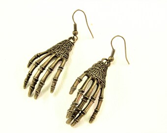 Halloween Skeleton Hand Earrings Antique Brass