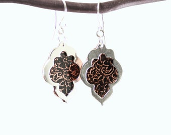 Sterling Silver and Etched Copper Layered Earrings