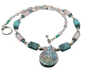 Rose Quartz, Turquoise, and Ceramic Bead Necklace with Ceramic Pendant