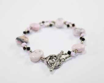 Natural Pink Opal and Double Strand Swarovski Crystals Beaded Bracelet