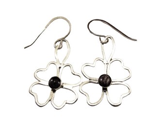 Sterling Silver and Onyx Four Leaf Clover Earrings