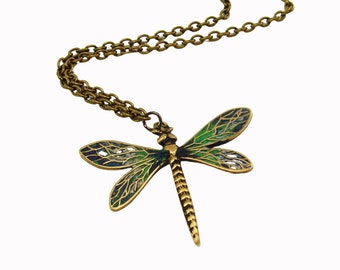 Antique Brass Patinaed Dragon Fly Pendant and Antique Brass Chain Necklace