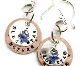 Military Mother Jewelry, Blue Star Mother Sterling Silver and Copper Hand Stamped Earrings - Mother's Day Gift Idea