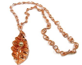 Hand Forged Copper Leaf Pendant with Pearl and Handmade Chain Necklace