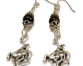 Bucking Bronco and Black Bead Earrings - Western Style Earrings