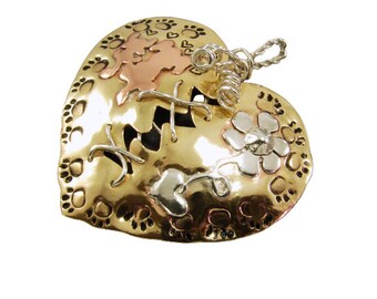 Mixed Metals Broken Mended Heart with Dog and Cat Theme Pendant