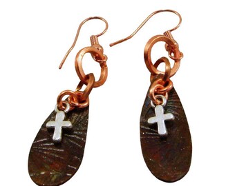 Copper Oxidized Earrings with small Cross Dangle