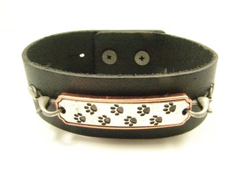 Leather Cuff with Dog Paws - Adjustable