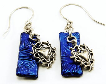 Blue Dichroic Glass Rectangles with silver heart dangles and Sterling silver Earrings