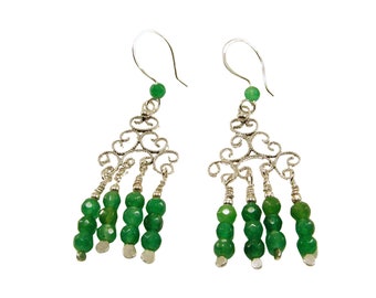 Dyed Green Agate and Sterling Silver Filigree Chandelier Earrings
