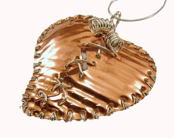 Textured Copper and Sterling Silver Mixed Metal Broken Mended Heart Pendant with Chain Cutomizable Resizable