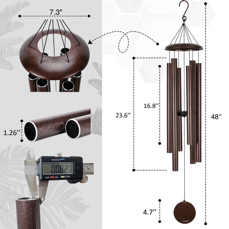 K&ouml;nnte beinhalten: Ein bronzefarbenes Windspiel mit einer runden Oberseite, mehreren zylindrischen R&ouml;hren und einem runden Schlagk&ouml;rper. Die Ma&szlig;e betragen 18,54 cm Durchmesser oben, 3,2 cm R&ouml;hrendurchmesser, 42,67 cm R&ouml;hrenl&auml;nge, 11,94 cm Schlagk&ouml;rper und 121,92 cm Gesamtl&auml;nge.