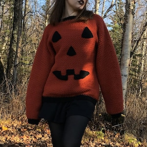 Può includere: Un maglione all'uncinetto color arancione a maniche lunghe con un motivo nero a forma di faccia di zucca di Halloween sul davanti. Il capo presenta un girocollo, polsini e orlo a coste neri, creando un'estetica distintiva a tema zucca.
