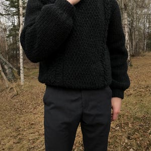 K&ouml;nnte beinhalten: Ein dunkelgrauer, strukturierter Strickpullover mit Rundhalsausschnitt und langen &Auml;rmeln. Der Pullover wird mit einer schwarzen Hose kombiniert. Die Person tr&auml;gt darunter ein schwarzes Hemd mit Kragen. Der Hintergrund zeigt B&auml;ume und Laub.