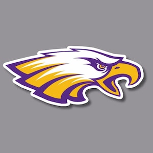 May include: A sticker featuring a stylized eagle head in profile. The eagle has a white head, a yellow beak, and yellow and purple accents. The sticker is outlined in purple and set against a gray background.
