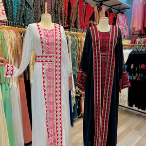 Palestinian Embroidered Thobe Set – 3-Piece Traditional Dress with Belt & Scarf, Fast Shipping and 10% Cashback!