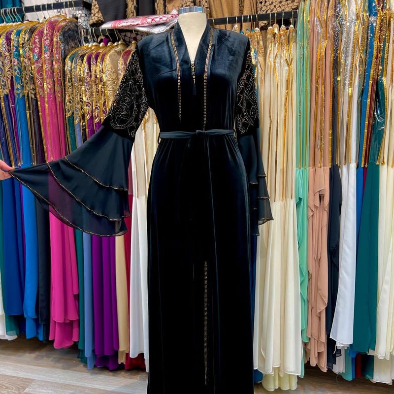 Black Velvet Abaya for Women with Geometric Crystal Embellishment